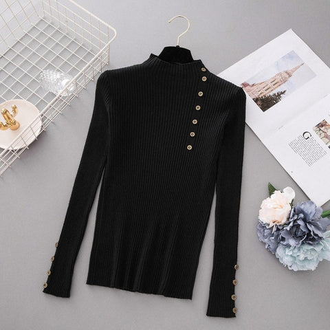 New Fashion Button Turtleneck Sweater Women